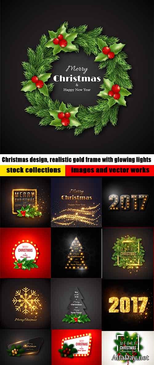 Christmas design, realistic gold frame with glowing lights