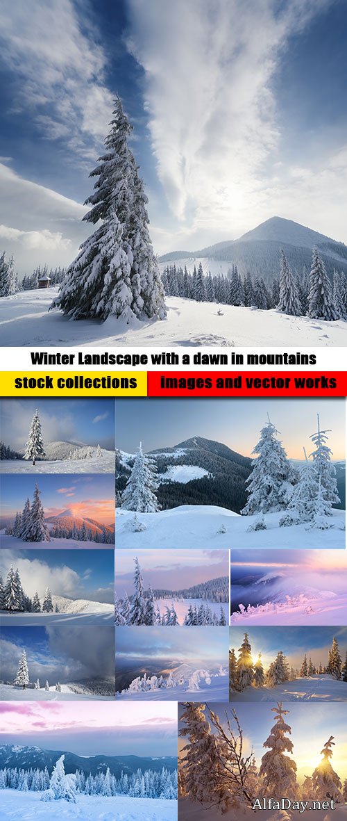 Winter Landscape with a dawn in mountains