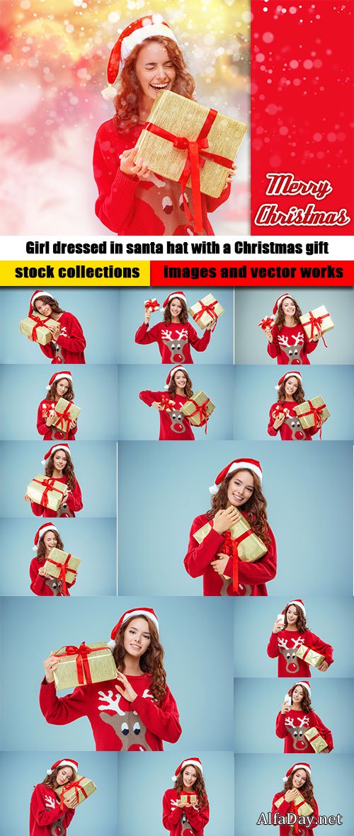 Girl dressed in santa hat with a Christmas gift