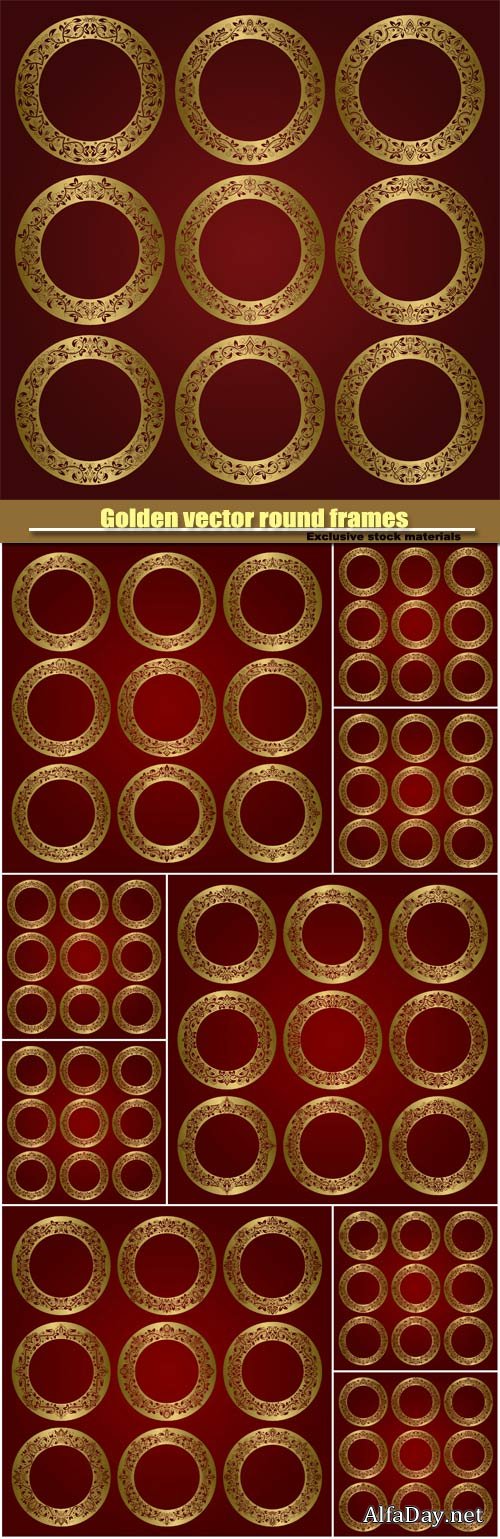 Golden vector round frames set of floral ornament borders
