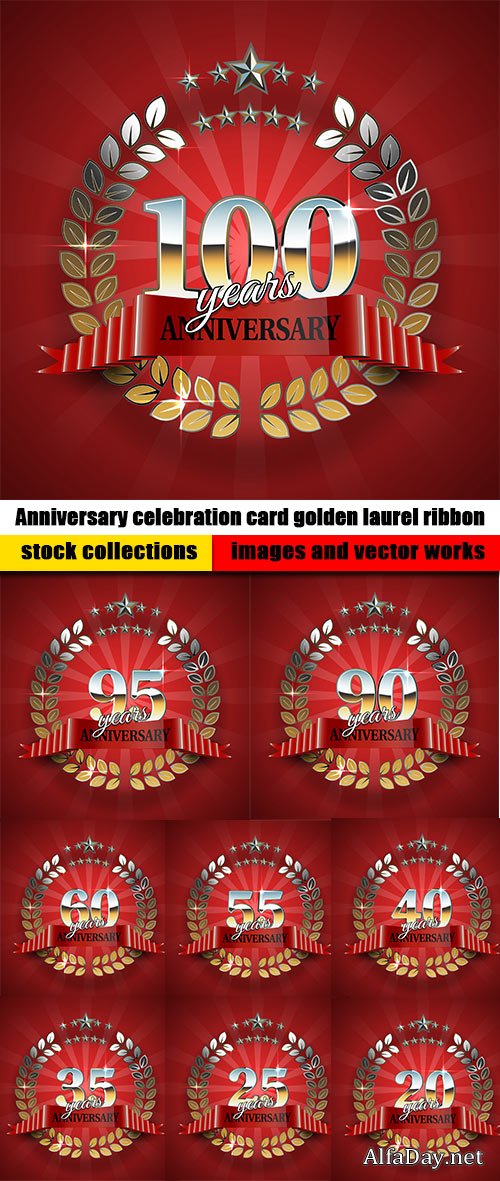 Anniversary celebration card golden laurel ribbon