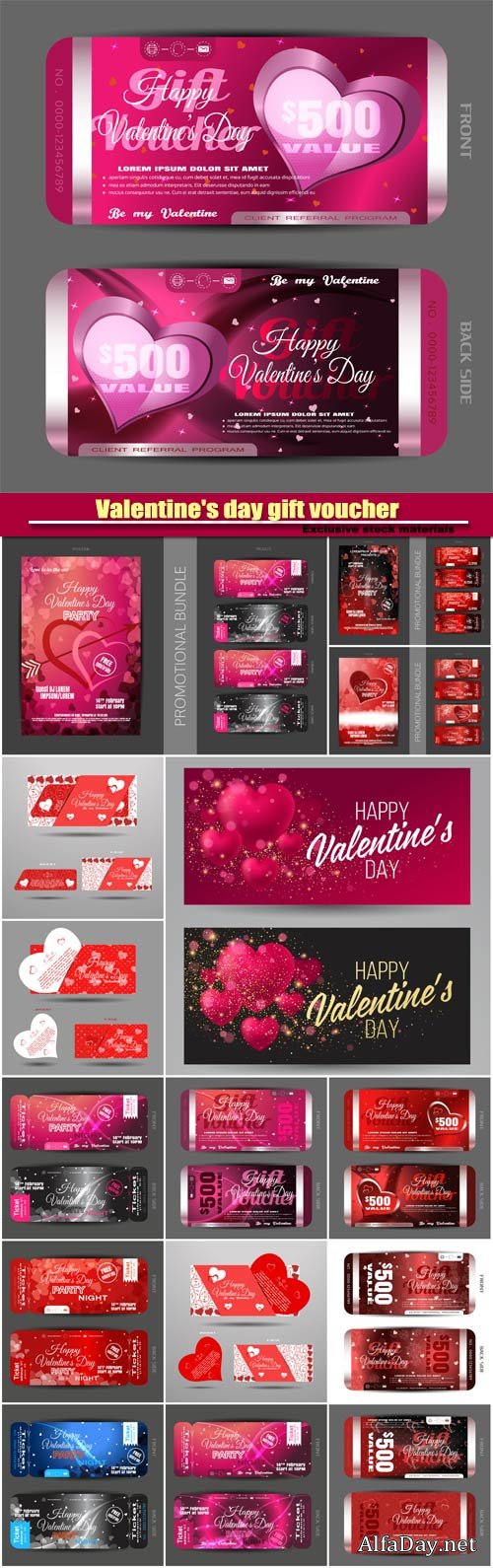 Vector set of greeting card and happy Valentine's day gift voucher