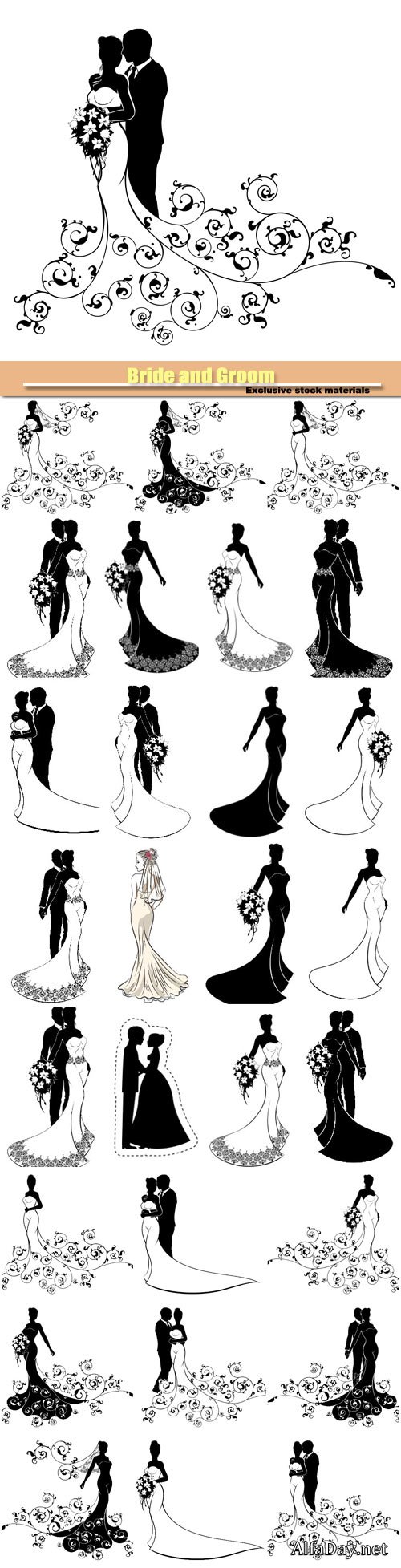  Bride and Groom, wedding silhouette vector set