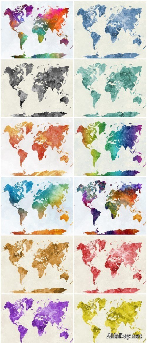 World map in watercolor rainbow - Set of 12xUHQ JPEG Professional Stock Images