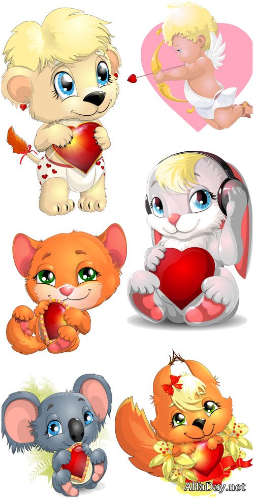 Angels, animals with hearts, Valentine's Day - vector