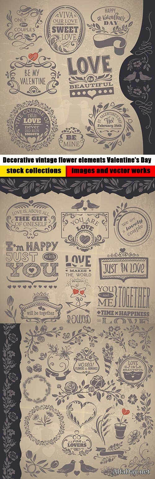Decorative vintage flower elements Valentine's Day