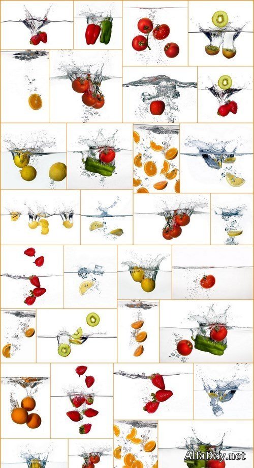 Water Splashes with Fresh Fruit, Berries and Vegetables - 32xUHQ JPEG Photo Stock