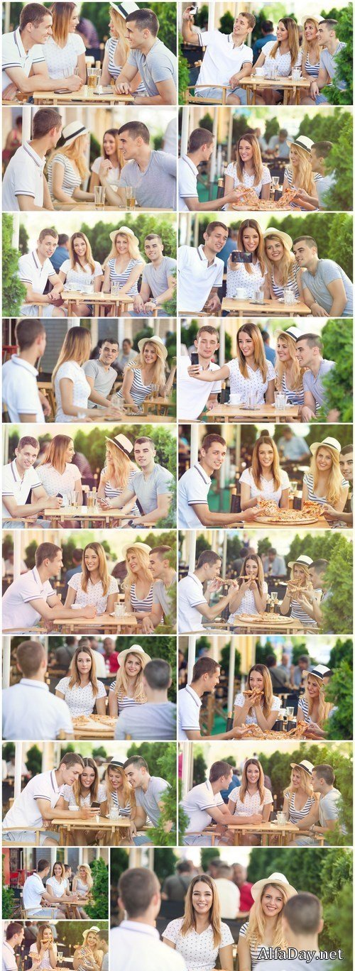 Happy young group of teenage friends having fun in the outdoor cafe - Set of 19xUHQ JPEG Professional Stock Images