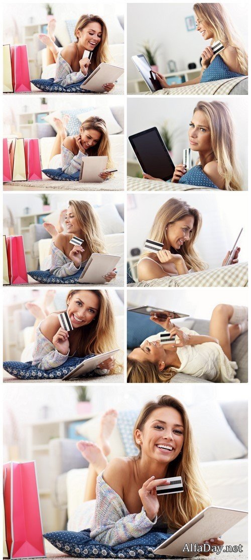 Happy woman shopping online with credit card 9X JPEG