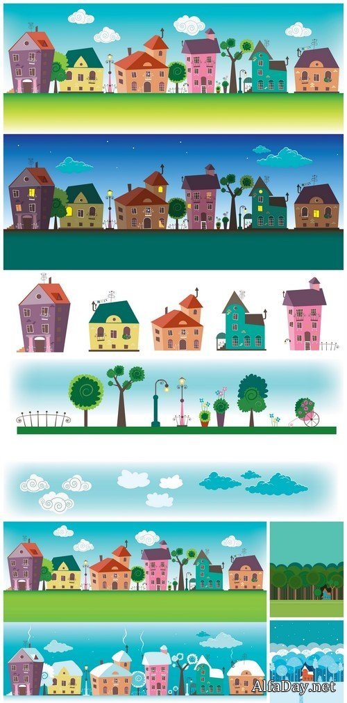 Small towns houses at daytime and nighttime 5X EPS