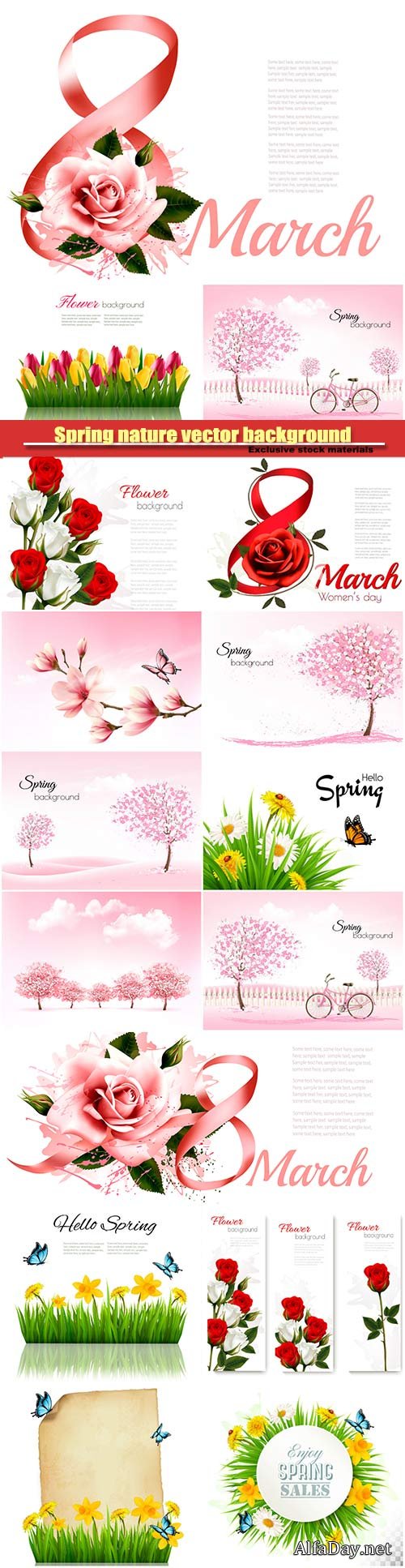8th March illustration with rose, women's day, spring nature vector background