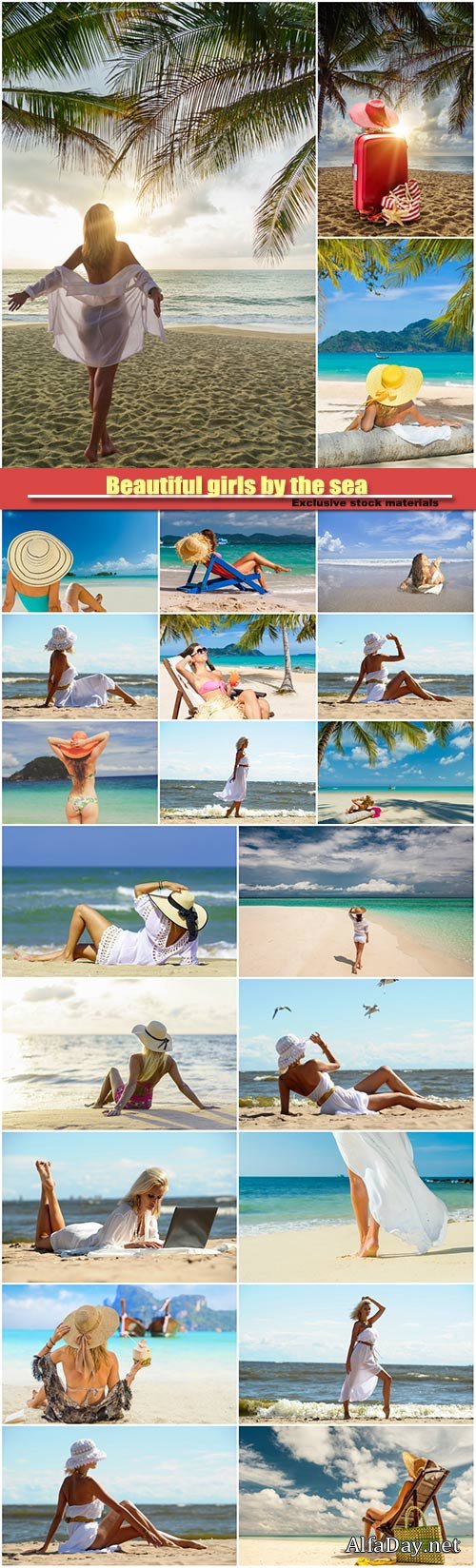Woman in a white dress and hat on the sand by the sea
