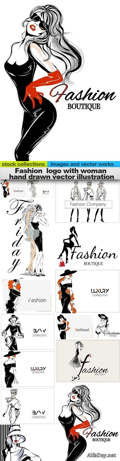 Fashion logo with woman hand drawn vector illustration, 15 x EPS