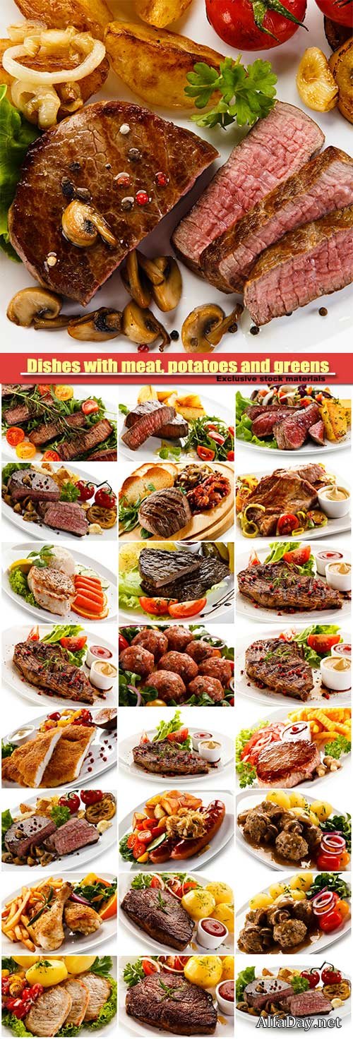 Dishes with meat, potatoes and greens