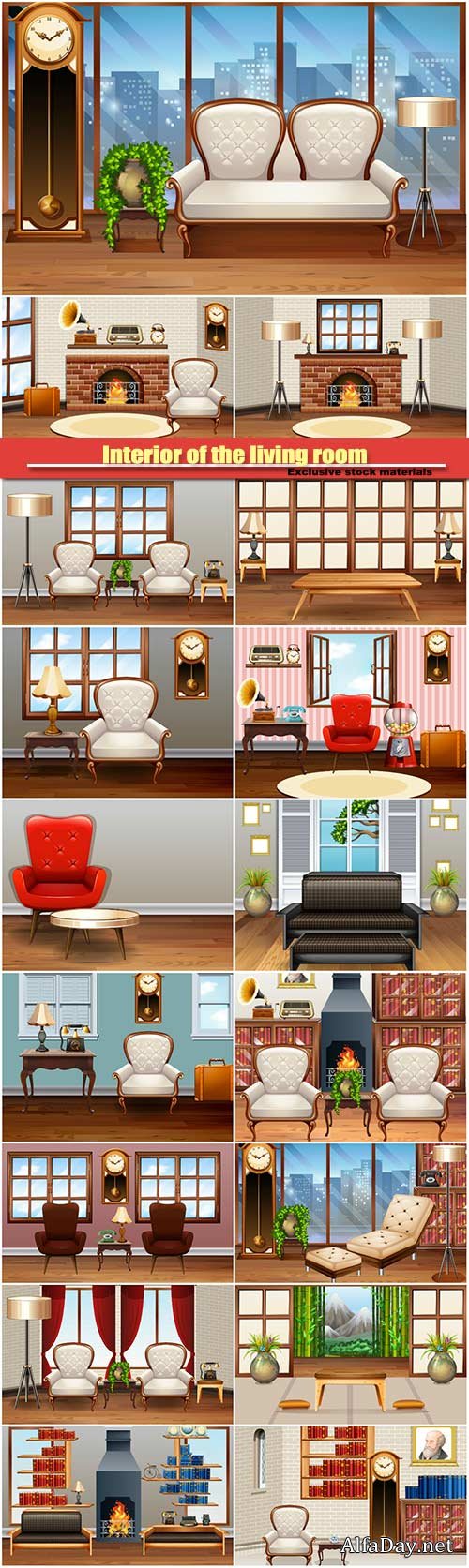 Interior of the living room with armchairs and fireplace