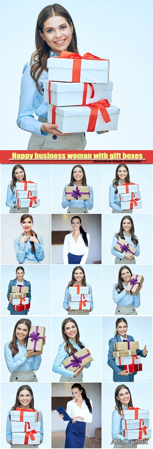 Happy business woman with gift boxes