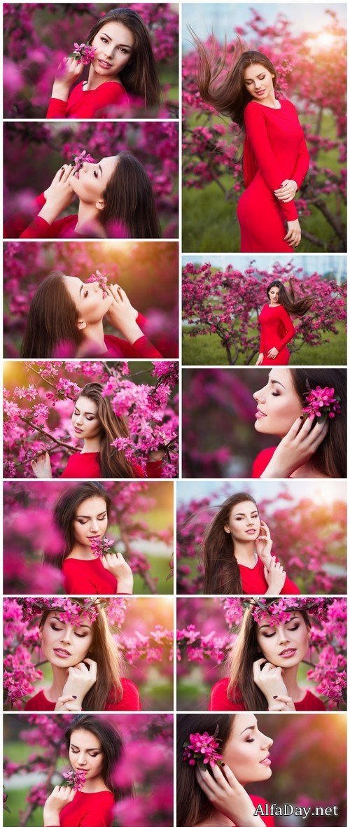 Happy beautiful young woman in blossom park with trees and flowers 15X JPEG