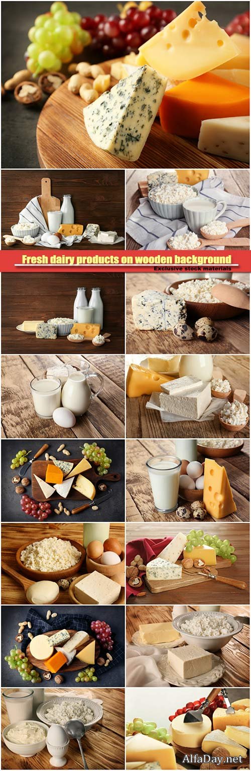 Fresh dairy products on wooden background, cheese and nuts