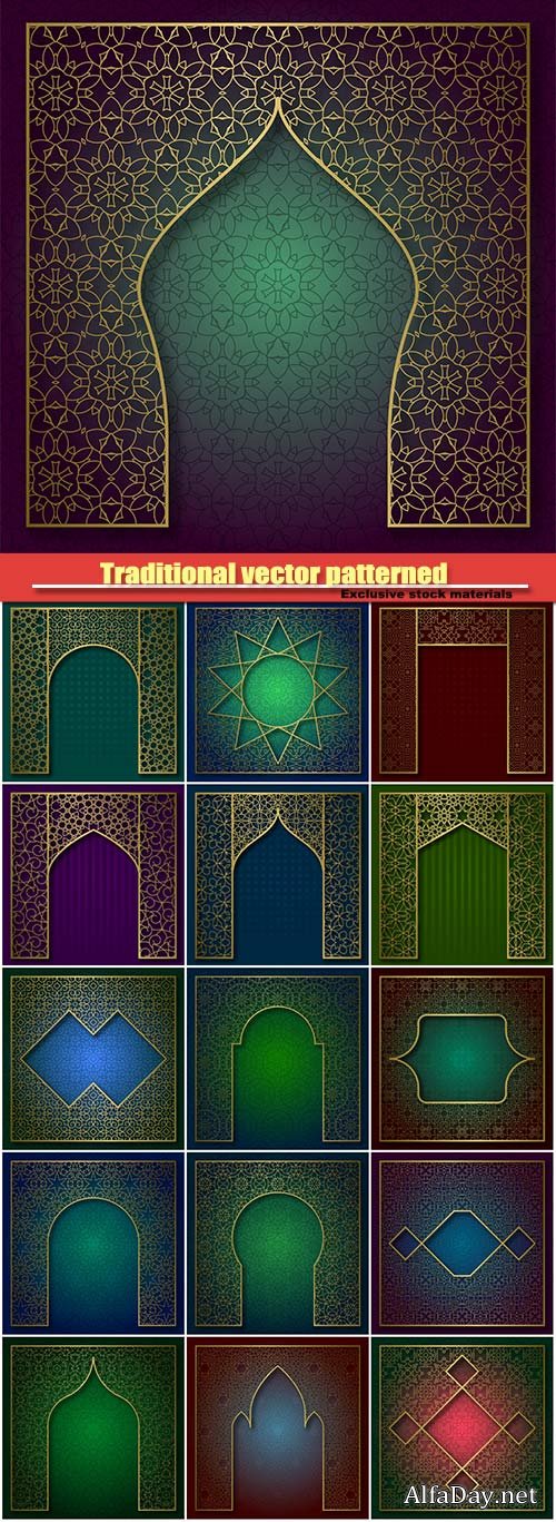 Traditional vector patterned background with golden arched frame
