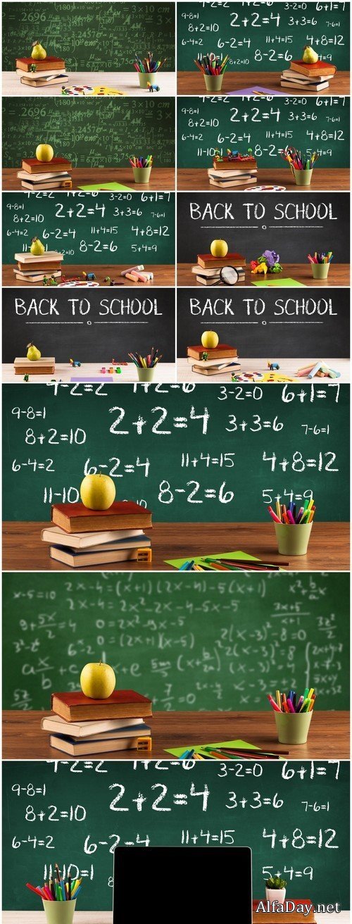 School blackboard with pile of books 11X JPEG