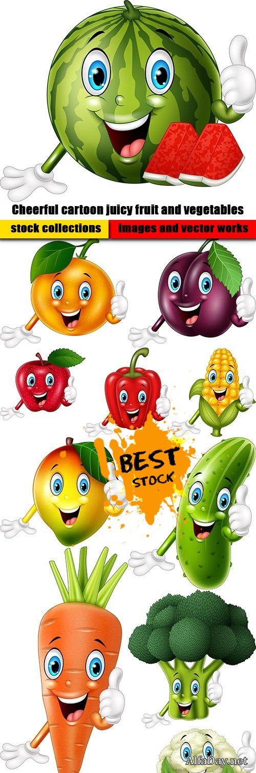 Cheerful cartoon juicy fruit and vegetables