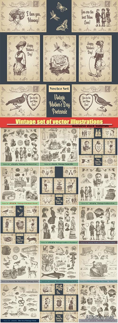 Vintage set of vector illustrations