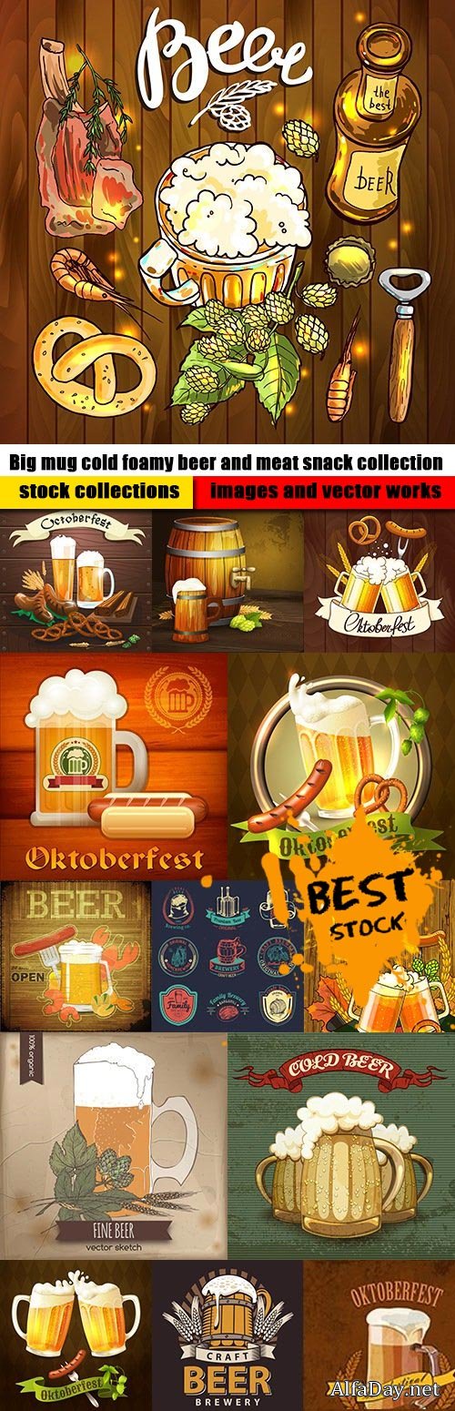 Big mug cold foamy beer and meat snack collection