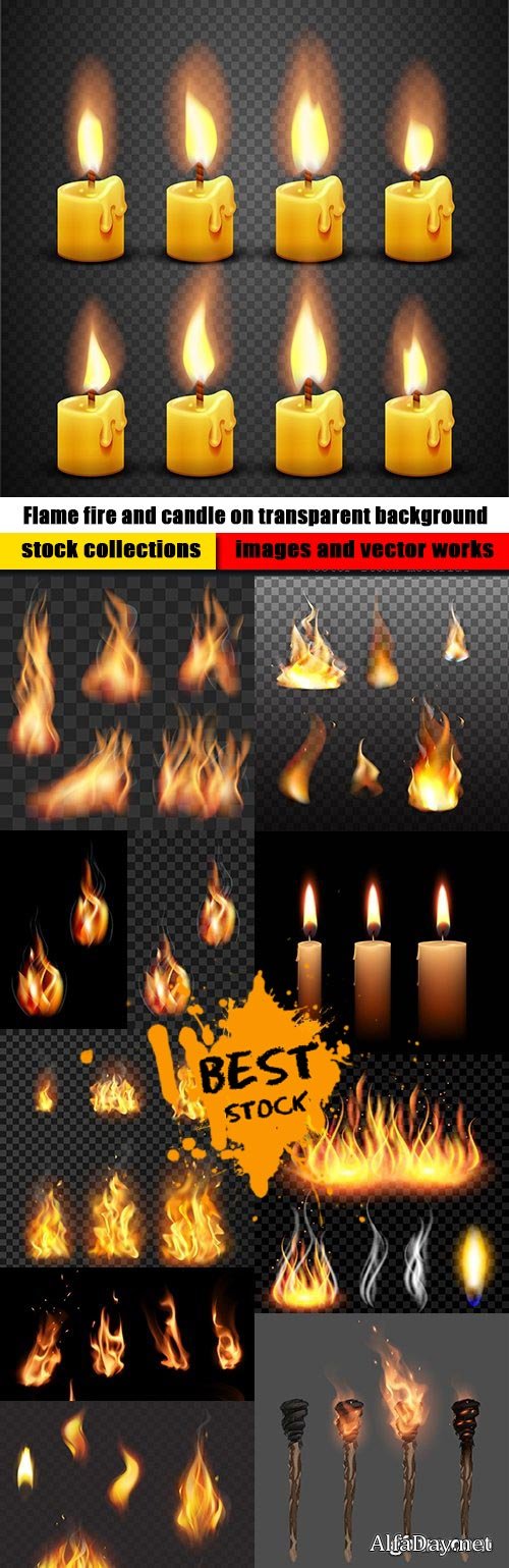 Flame fire and candle on transparent background