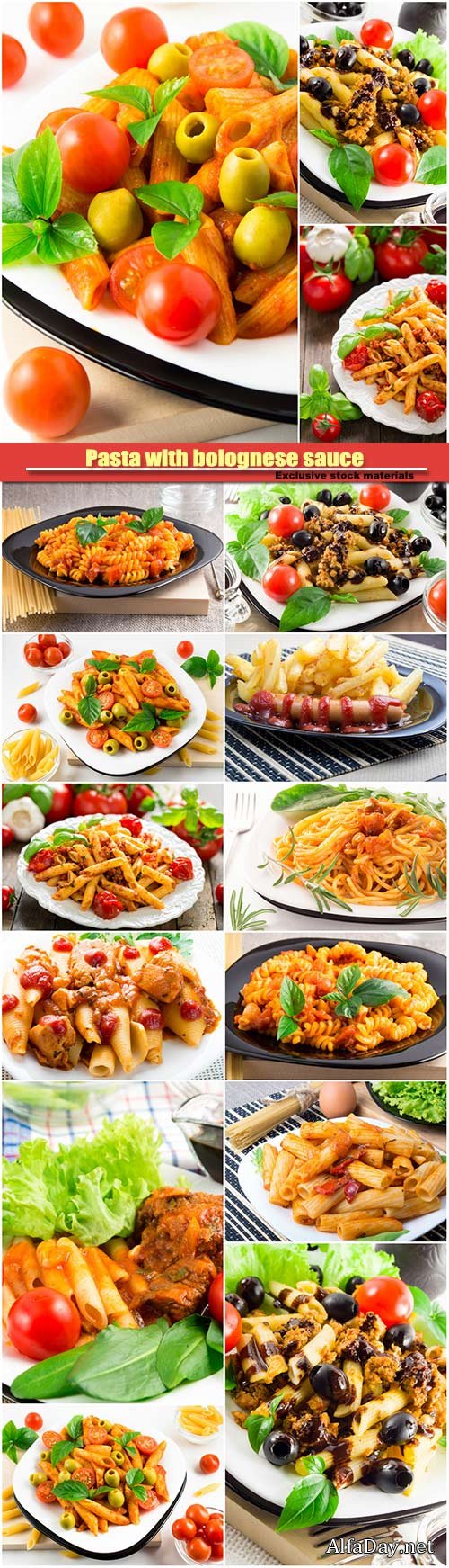 Pasta with bolognese sauce, beef meat, olives and cherry