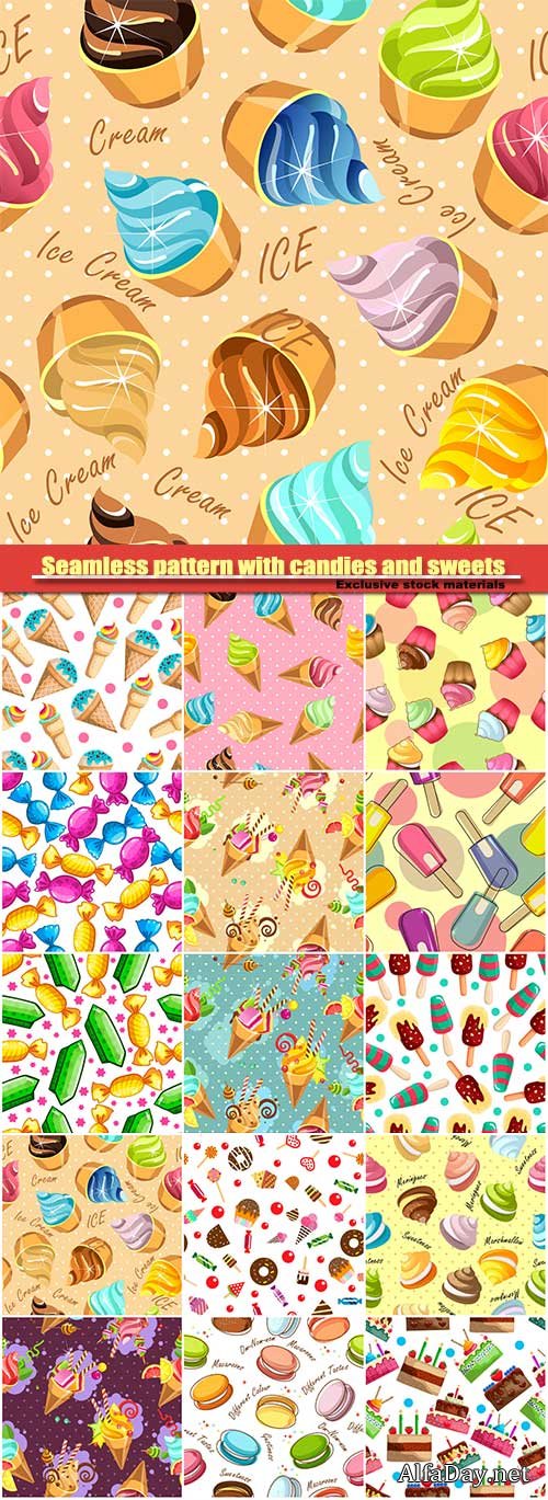 Seamless pattern with candies and sweets, ice cream and pieces of marshmallows