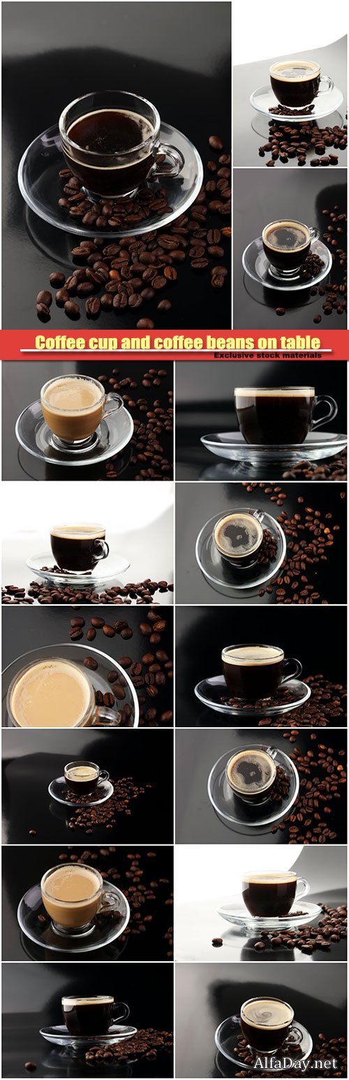 Coffee cup and coffee beans on table