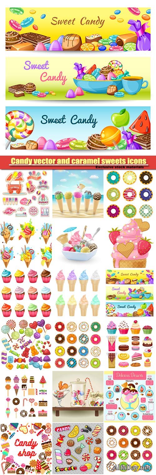 Candy vector and caramel sweets icons, sweetmeats, toffee, candy canes, marmalade comfits and ice-cream