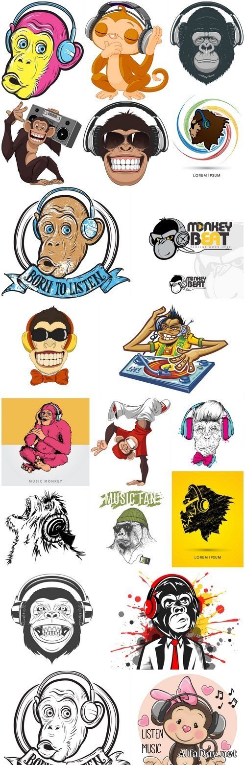 Monkey Listening Music - 20 Vector