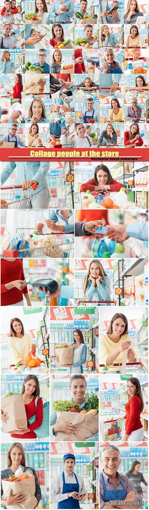 �ollage people at the store, customers doing grocery shopping and supermarket clerks