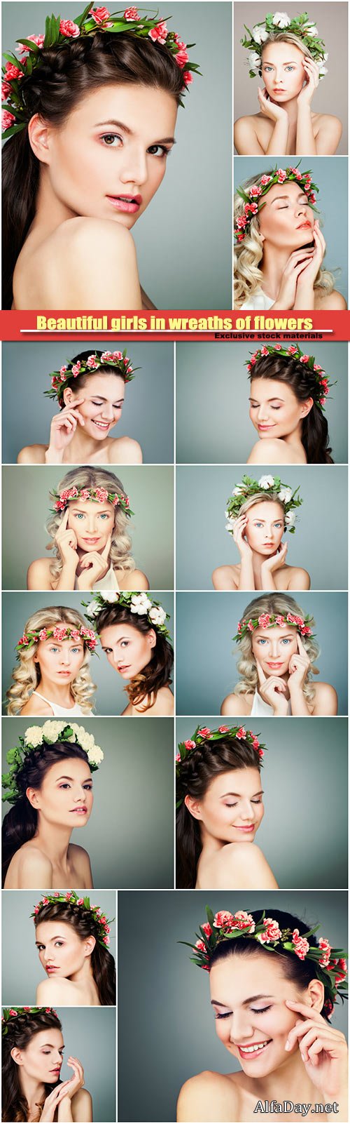Beautiful girls in wreaths of flowers, skincare and cosmetology concept