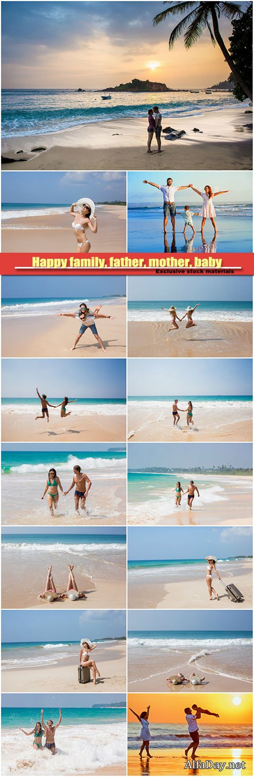 Happy family, father, mother, baby on summer beach vacation