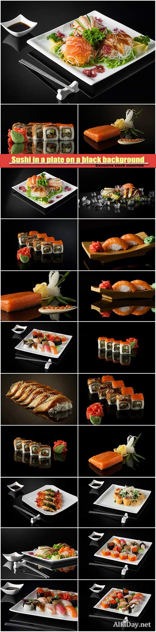 Sushi in a plate on a black background
