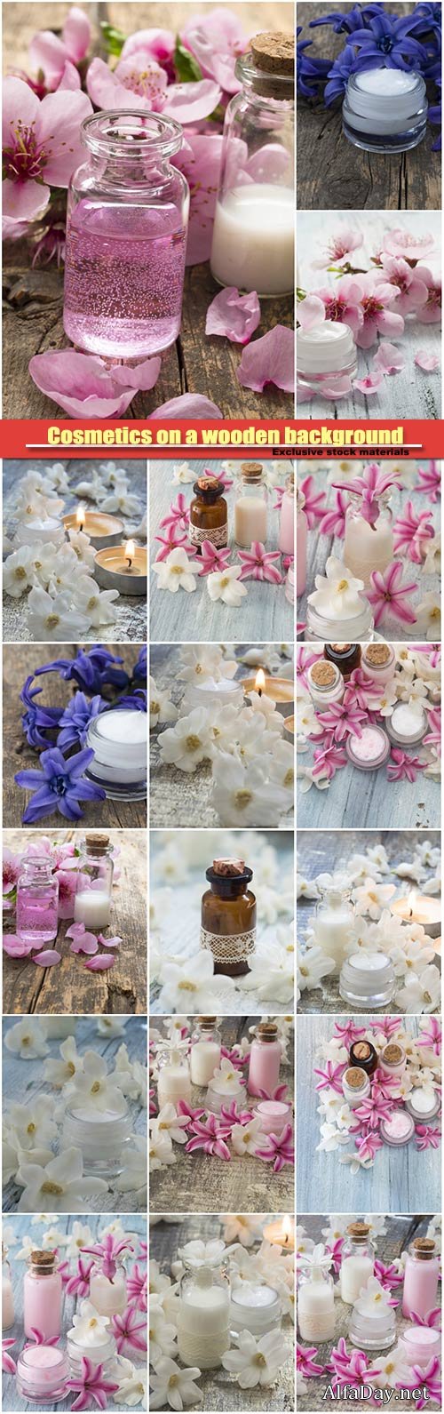 Cosmetics on a wooden background with spring flowers