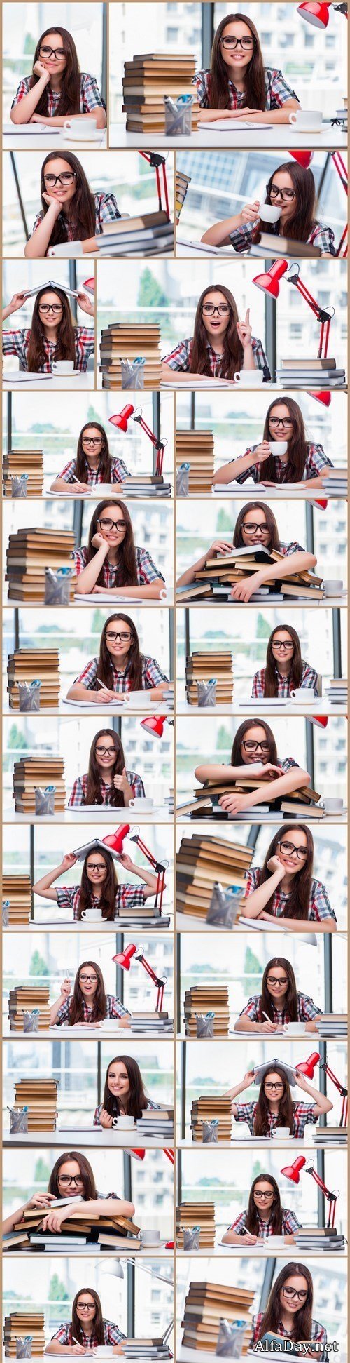 Young woman student with many books - 26xUHQ JPEG