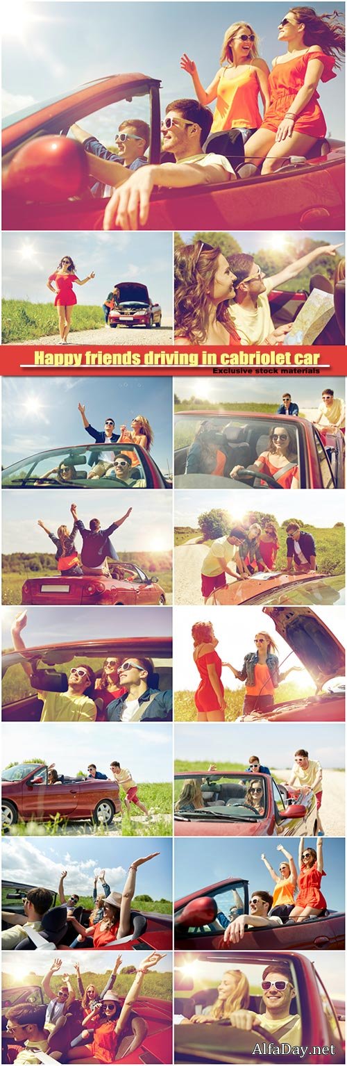Happy friends driving in cabriolet car