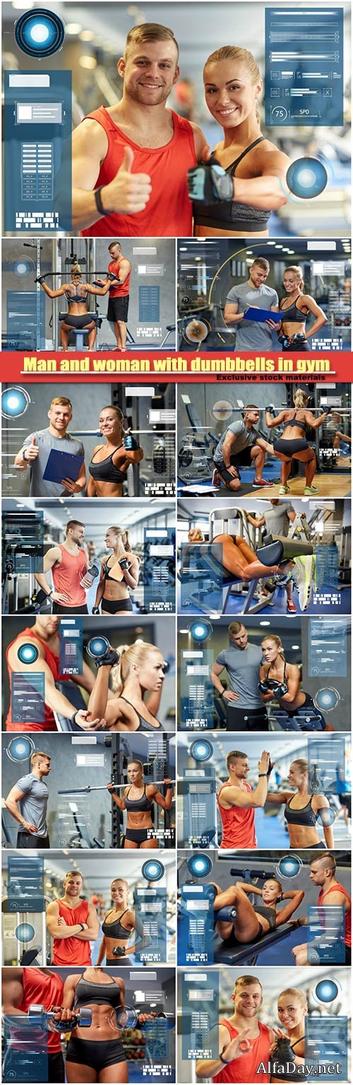 Man and woman with dumbbells in gym