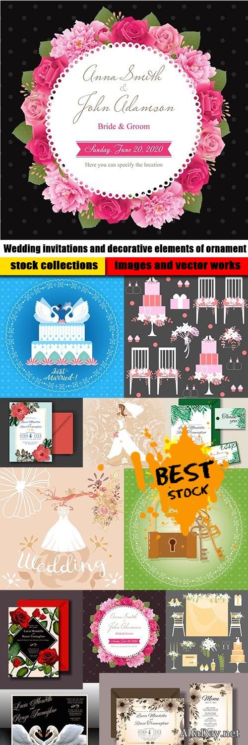 Wedding invitations and decorative elements of ornament
