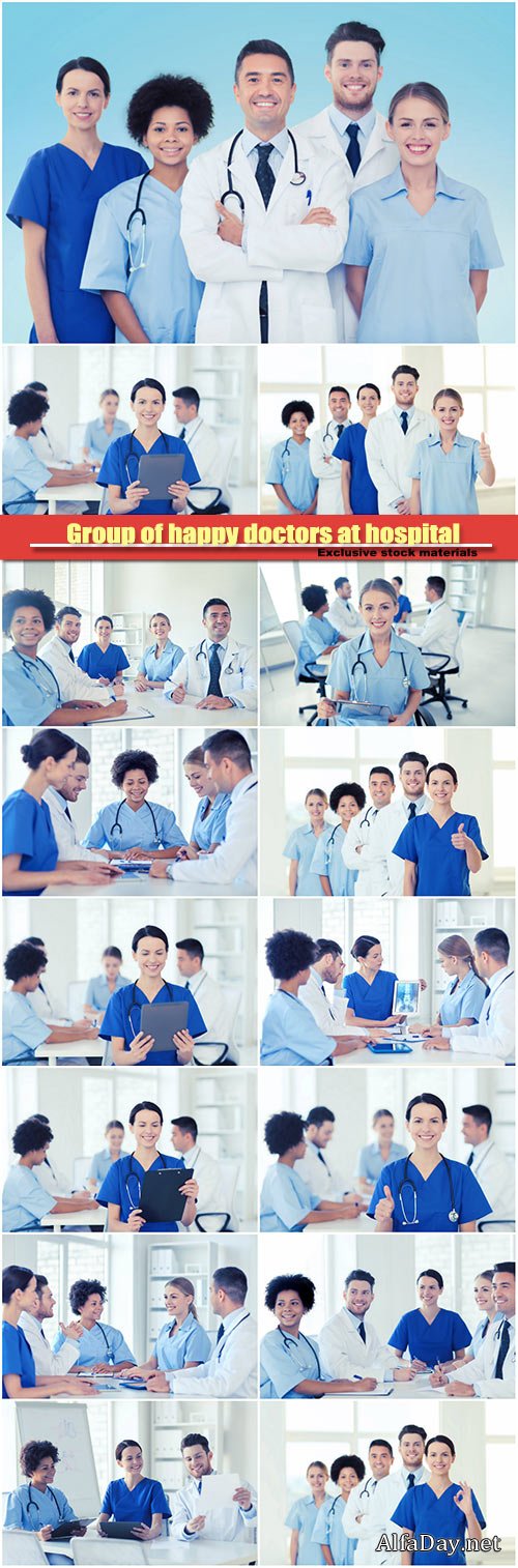 Group of happy doctors at hospital