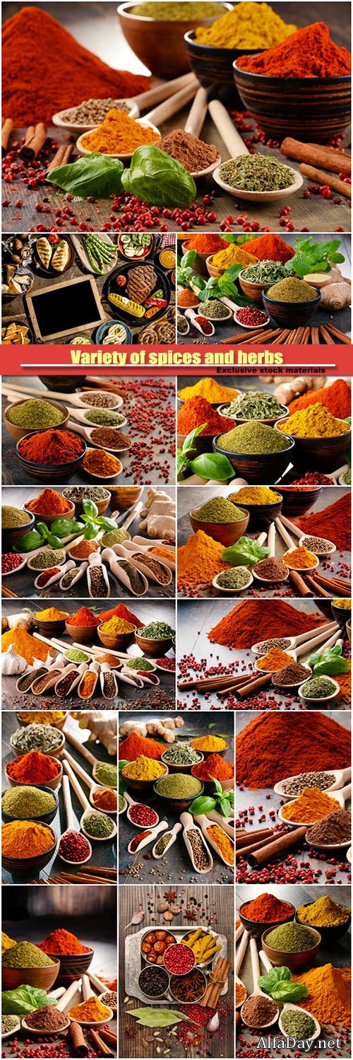 Variety of spices and herbs on kitchen table