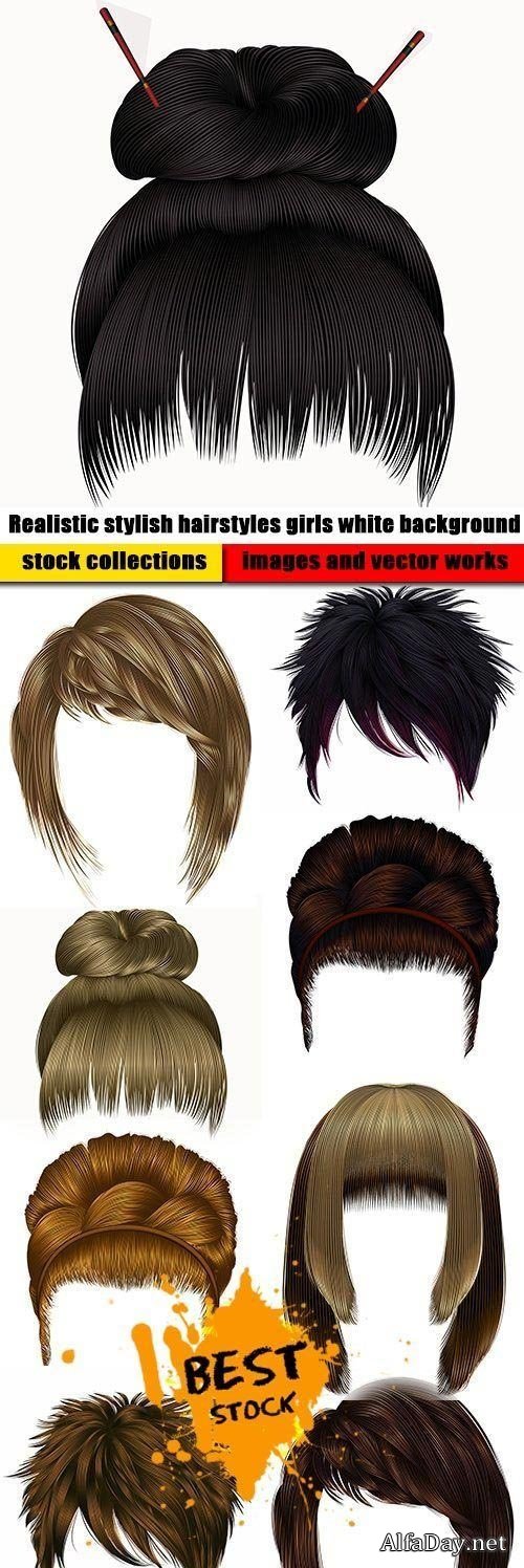 Realistic stylish hairstyles girls white background