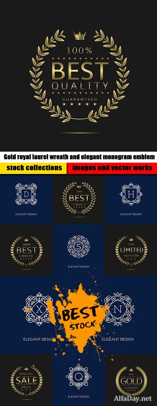 Gold royal laurel wreath and elegant monogram emblem