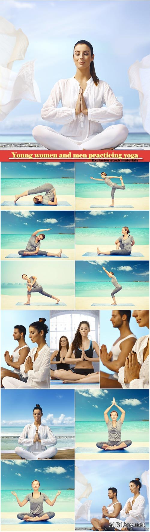 Young women and men practicing yoga
