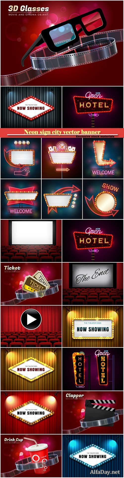 Neon sign city vector banner, cinema background