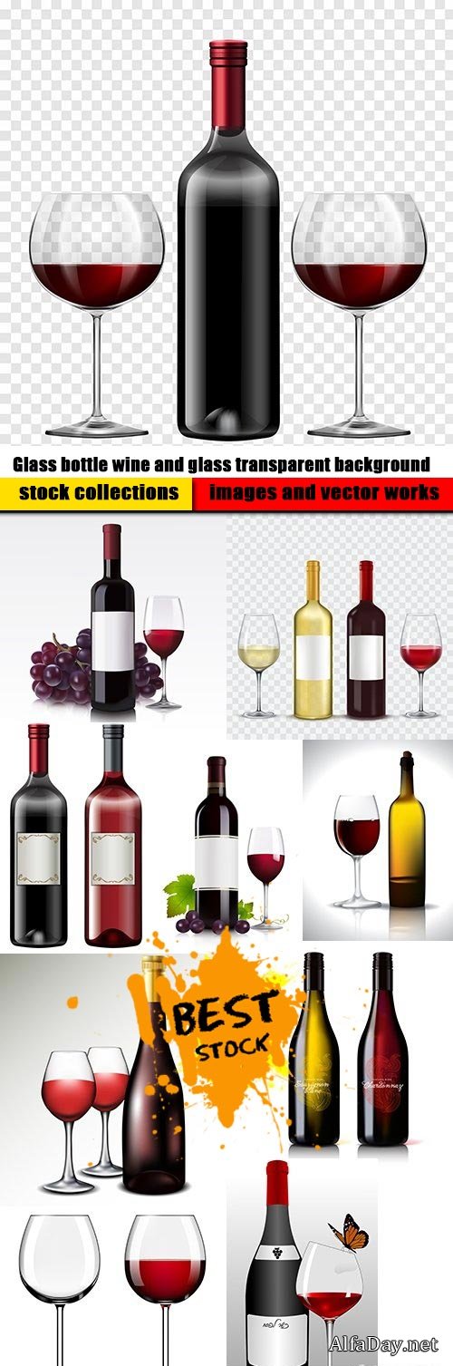 Glass bottle wine and glass transparent background