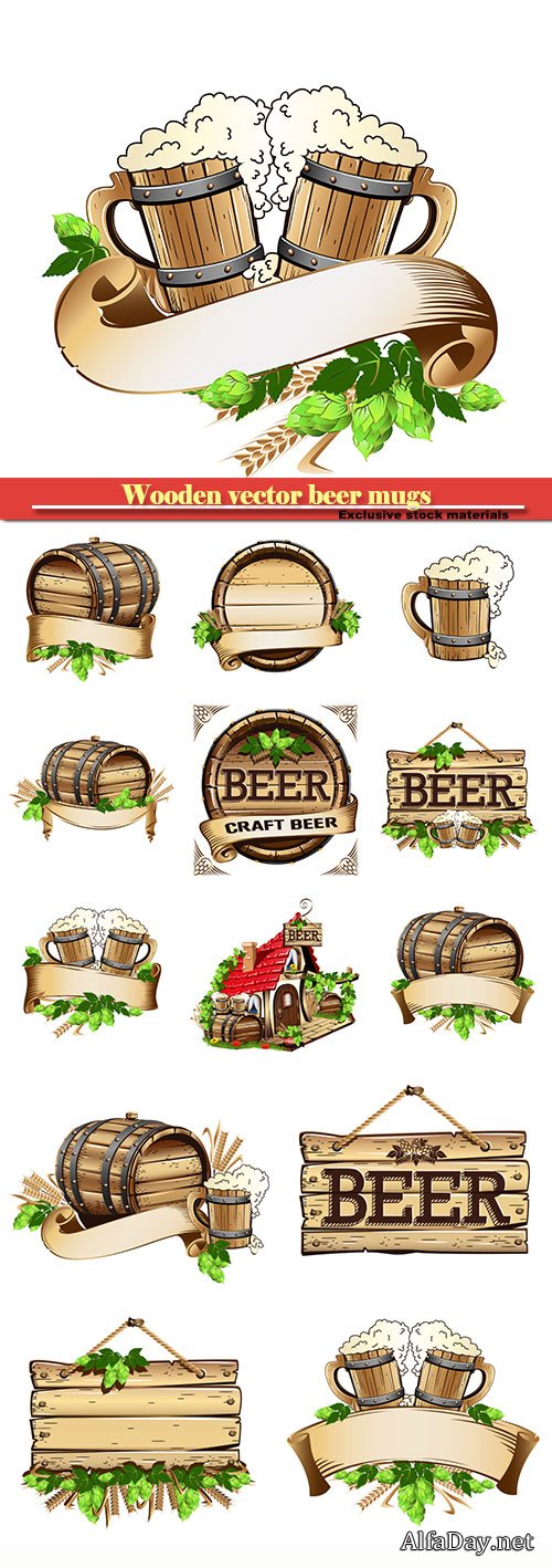 Wooden vector beer mugs and beer barrel still life